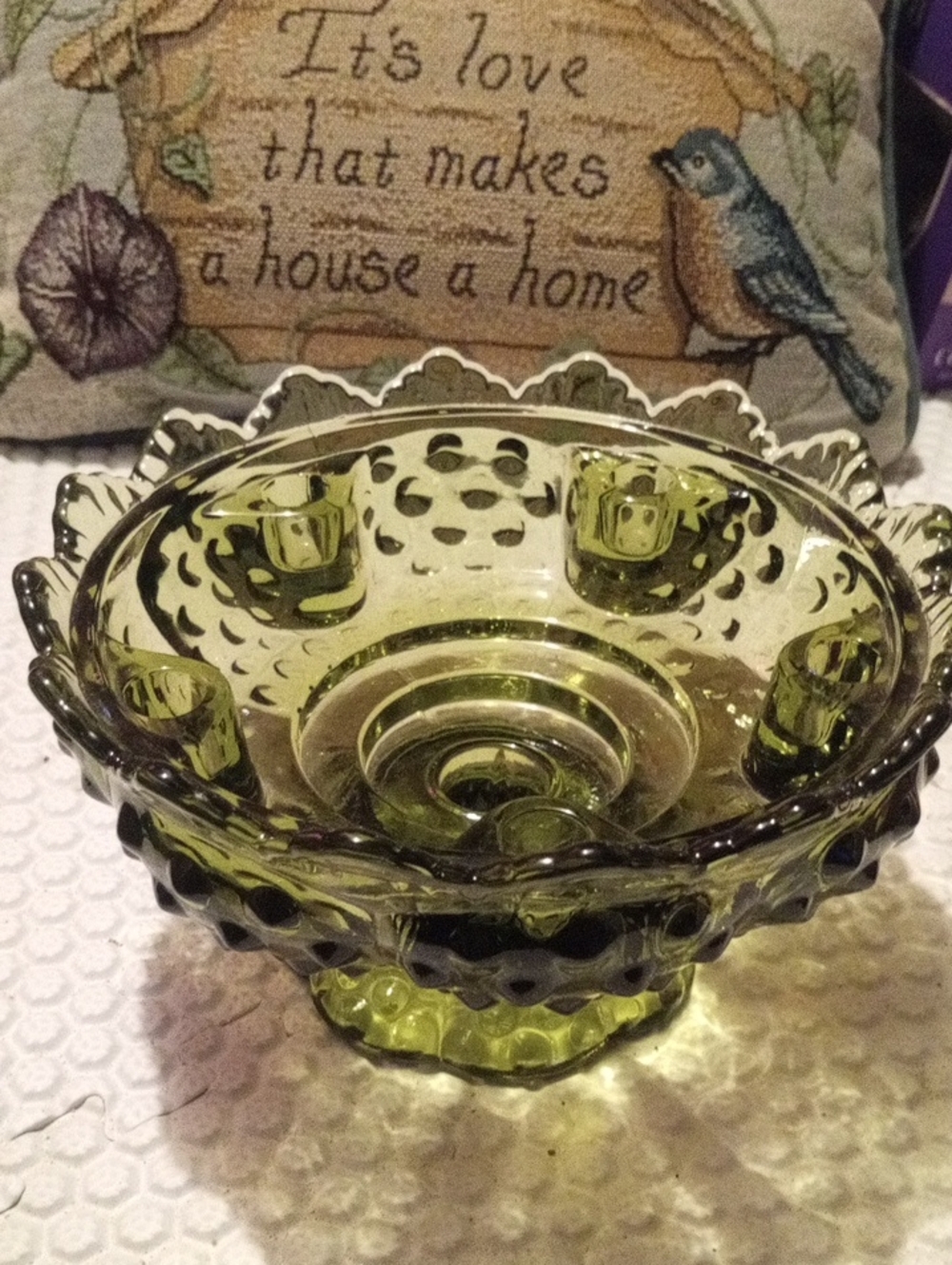 Fenton Glass Hobnail Colonial Green Footed Six Candle Candle Holder#FREE PILLOW
